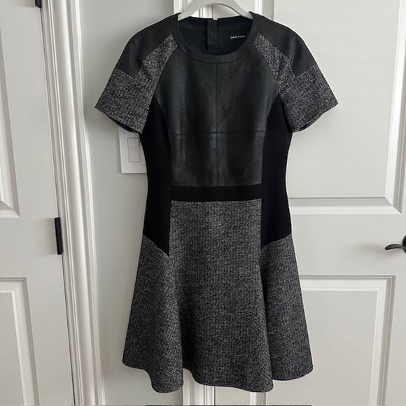 Karen Millen Wool Blend Herringbone Tweed Faux Leather Dress Size: US 8 UK 12 - Picture 2 of 10